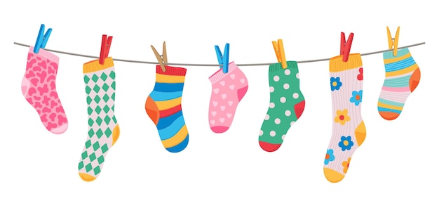 Vector cotton and wool socks hanging on clothesline rope