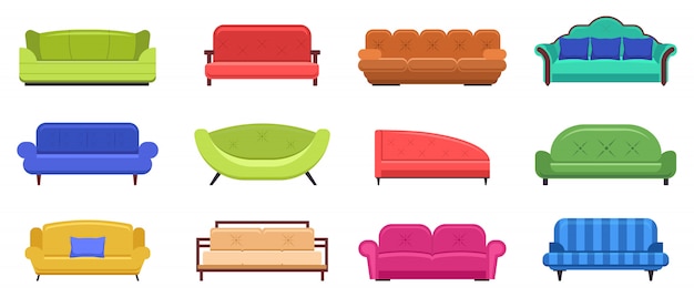 Couch furniture. Comfortable sofas, apartment interior couch furniture, modern domestic couch   illustration icons set. Furniture sofa for living room interior, lounge indoor couch