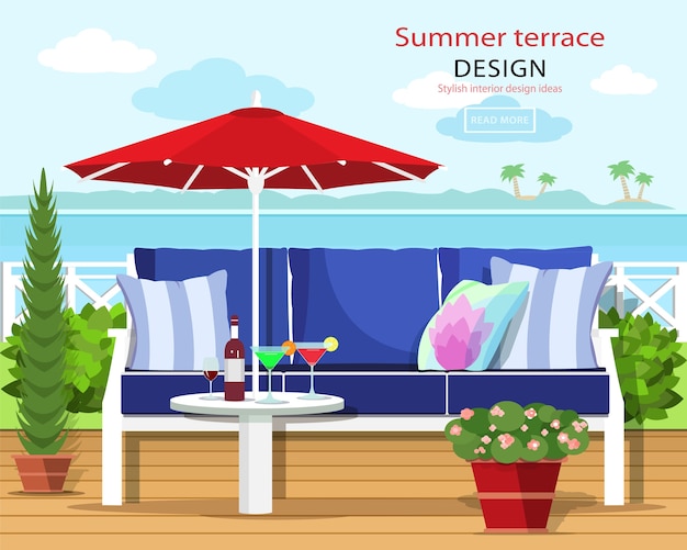 Vector couch and umbrella on the balcony with the sea landscape.