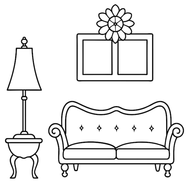 Vector a couch with a flower on it and a lamp on the right