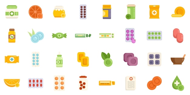 Cough drops icons set flat vector Pill medicine