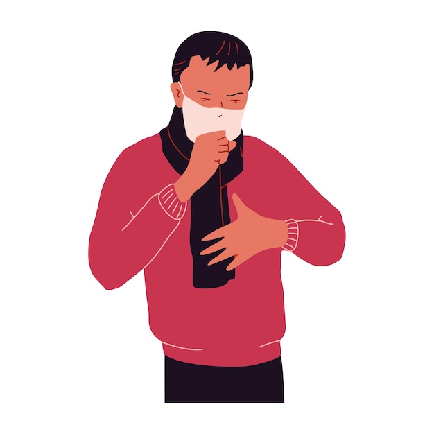 Coughing man in medical mask vector character illustration isolated on a white background