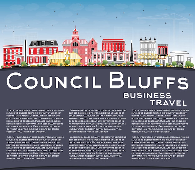 Council Bluffs Iowa Skyline with Color Buildings, Blue Sky and Copy Space. Vector Illustration. Business Travel and Tourism Illustration with Historic Architecture.