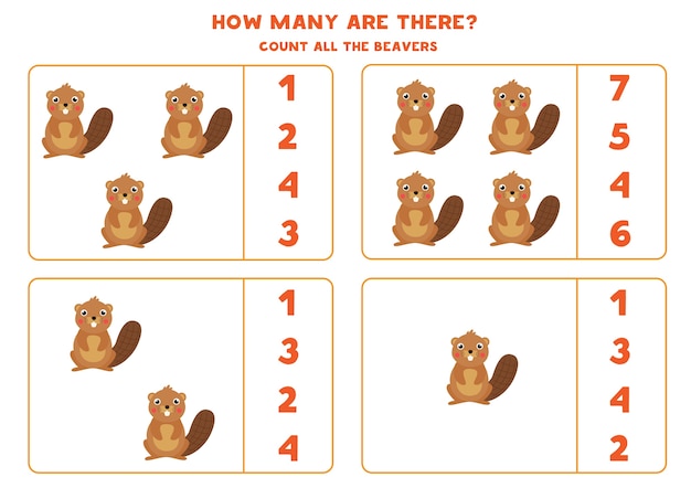 Count all beavers and circle the right answer Math game for preschool kids