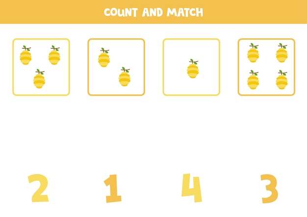 すべての蜂の巣を数え、正しい数と一致させます。子供のための数学のゲーム。