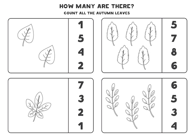 Подсчитайте все черные и белые осенние листья и обведите правильные ответы. математическая игра для детей.