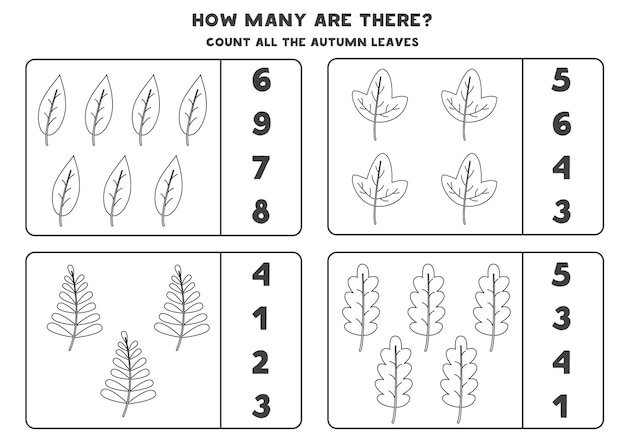 Подсчитайте все черные и белые осенние листья и обведите правильные ответы. математическая игра для детей.