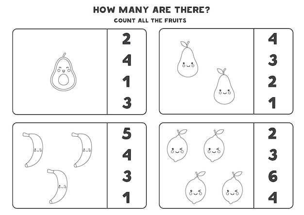 모든 흑백 과일을 세고 정답에 동그라미를 치십시오. 아이들을위한 수학 게임.
