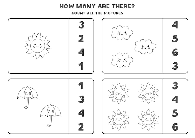 Conta tutti gli elementi meteorologici in bianco e nero e cerchia le risposte corrette. gioco di matematica per bambini.