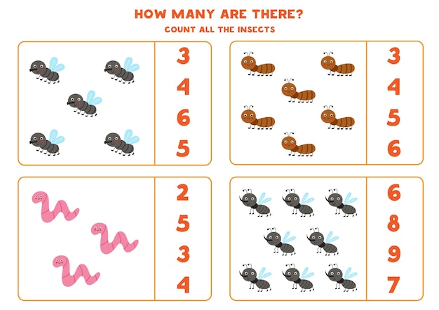 모든 귀여운 곤충을 세고 정답에 동그라미를 치십시오. 아이들을위한 수학 게임.