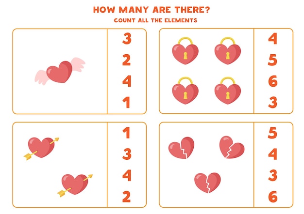 Count all hearts. math game for kids. counting worksheet for preschoolers.