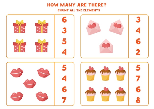 Count all love elements and circle the right answer. Math game for kids.