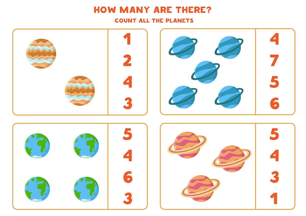 太陽系のすべての惑星を数え、正しい答えに丸を付けてください。子供のための数学のゲーム。