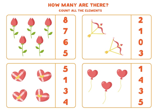 Count all valentine objects math game for kids