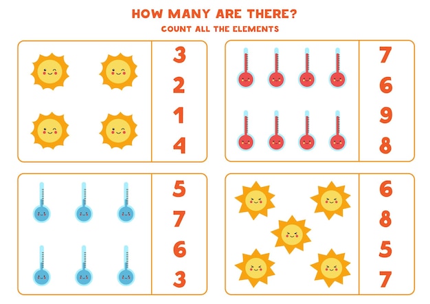 すべての気象要素を数え、正解を丸で囲んでください。子供のための数学のゲーム。