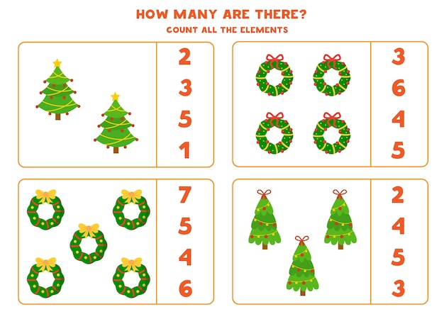 Conta tutte le ghirlande e gli alberi di natale. gioco di matematica educativo per bambini.