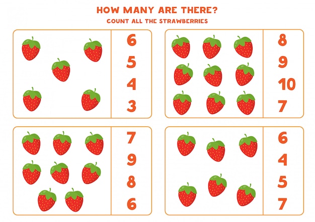 Count the amount of cartoon strawberries. Educational math game for kids. Printable worksheet for preschoolers.