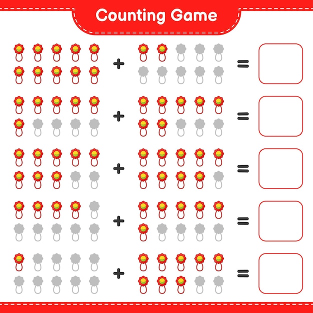 세고 일치하고 아기 딸랑이의 수를 세고 올바른 숫자와 일치시킵니다. 교육 어린이 게임, 인쇄용 워크시트, 벡터 일러스트 레이 션