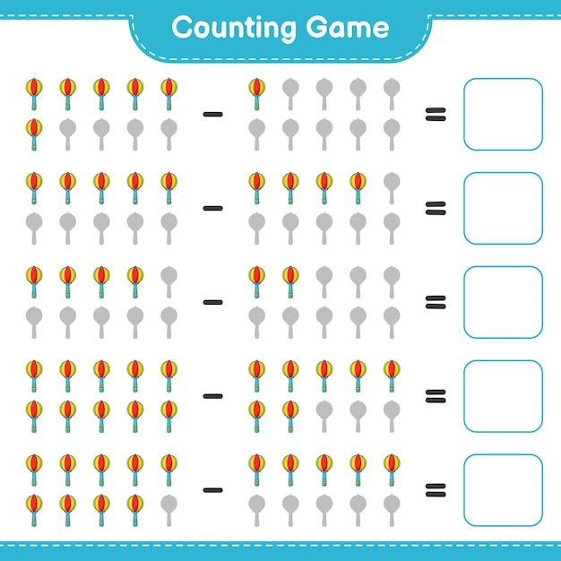 세고 일치하고 아기 딸랑이의 수를 세고 올바른 숫자와 일치시킵니다. 교육 어린이 게임, 인쇄용 워크시트, 벡터 일러스트 레이 션