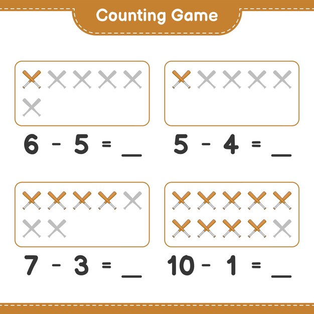 야구 방망이의 수를 세고 일치시키고 올바른 숫자와 일치 교육용 어린이 게임 인쇄용 워크 시트 벡터 일러스트 레이션
