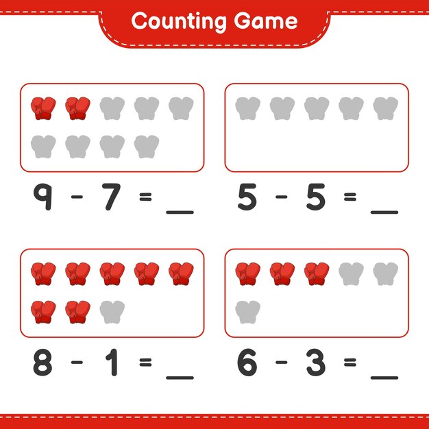 벡터 권투 장갑의 수를 세고 일치시키고 올바른 숫자와 일치 교육용 어린이 게임 인쇄용 워크 시트 벡터 일러스트 레이션