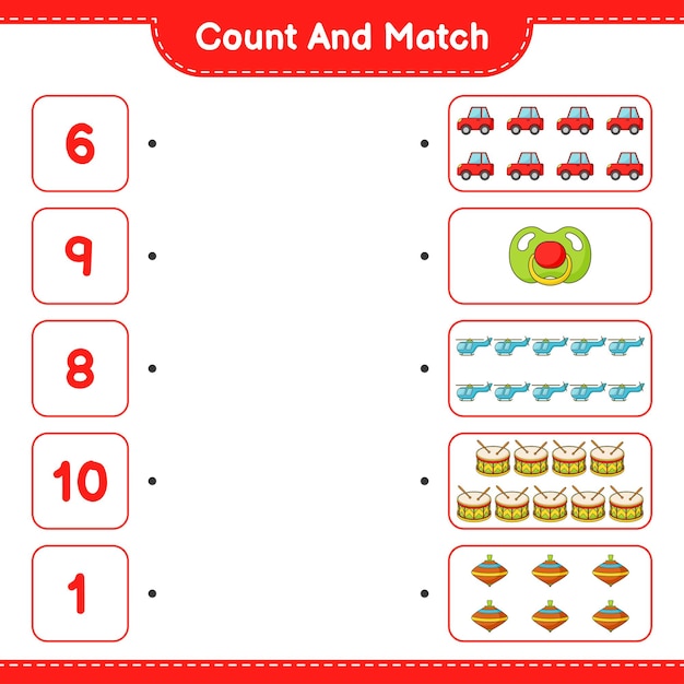 車のおしゃぶりヘリコプタードラムかざぐるまおもちゃの数を数え、一致数を数える