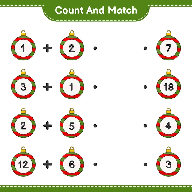 数えて一致し、クリスマスボールの数を数えて、正しい数と一致します。教育的な子供たちのゲーム、印刷可能なワークシート、ベクトル図