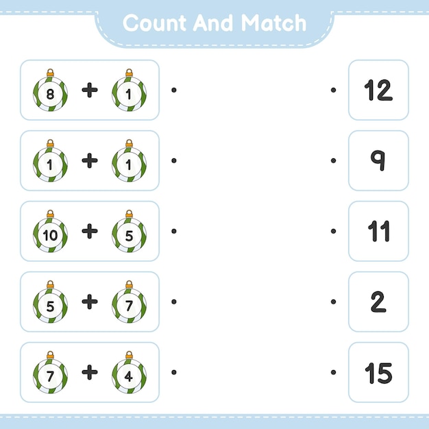 Подсчитайте и сопоставьте количество елочных шаров и сопоставьте с правильными числами