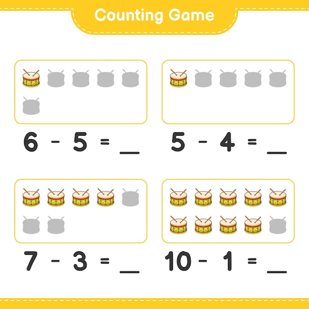 세어보고 일치하고, 드럼의 수를 세고 올바른 숫자와 일치시킵니다. 교육 어린이 게임, 인쇄용 워크시트, 벡터 일러스트 레이 션