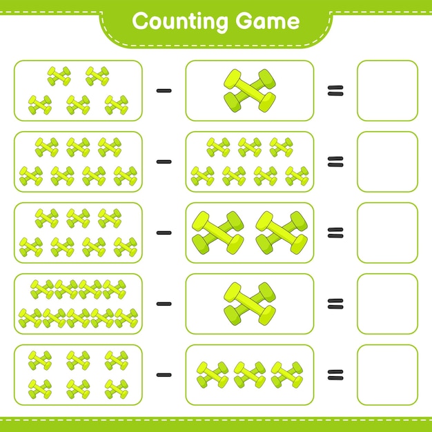 Подсчитайте и сопоставьте, подсчитайте количество гантелей и сопоставьте с правильными числами образовательная детская игра для печати векторная иллюстрация листа