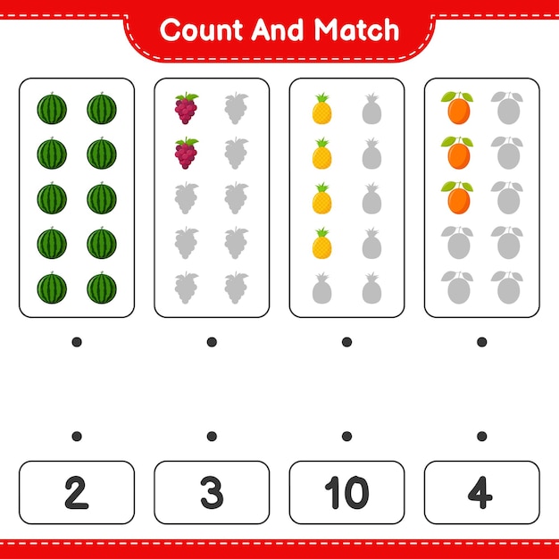 Подсчитайте и сравните, подсчитайте количество фруктов и сравните с правильными числами. развивающая детская игра, лист для печати
