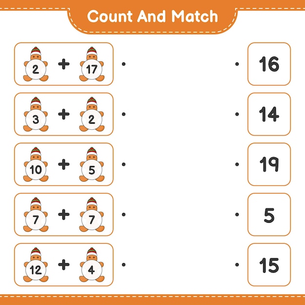 数え、一致するジンジャーブレッドマンの数を数え、正しい数と一致する教育的な子供たちのゲームの印刷可能なワークシートのベクトル図