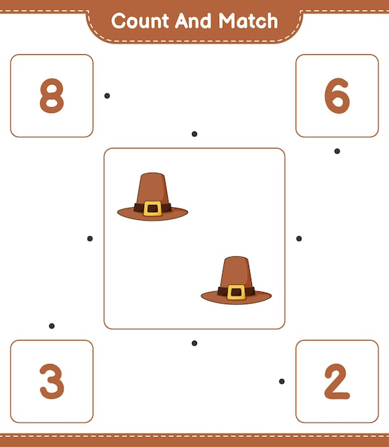 세고 일치하고 모자의 수를 세고 올바른 숫자와 일치하십시오. 교육 어린이 게임, 인쇄용 워크시트, 벡터 일러스트 레이 션