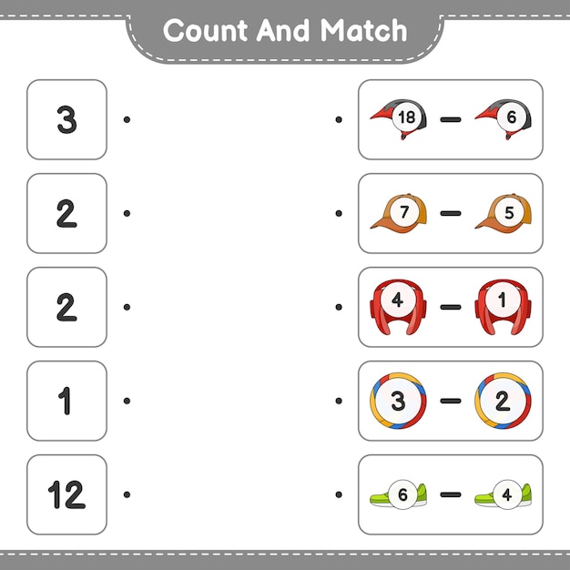 Подсчитайте и сопоставьте количество шлемов, перчаток, шапок, волейбольных кроссовок и сопоставьте с правильными числами.