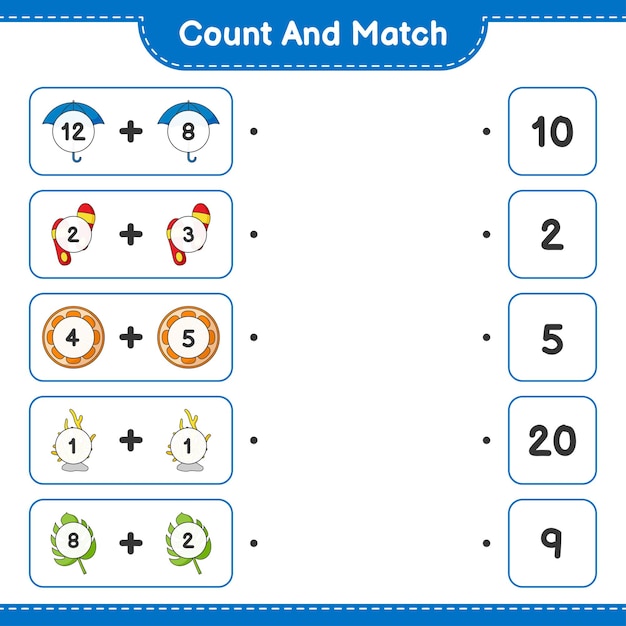 Подсчитайте и сопоставьте, подсчитайте количество апельсинов, кораллов, монстеры, зонтиков, шлепанцев и сопоставьте с правильными числами. развивающая детская игра, лист для печати, векторные иллюстрации