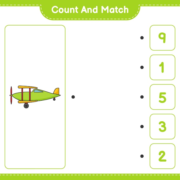 세고 일치하고, 평면의 수를 세고 올바른 숫자와 일치시킵니다. 교육 어린이 게임, 인쇄용 워크시트, 벡터 일러스트 레이 션