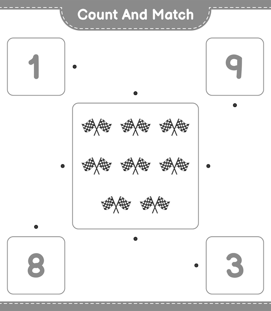 Подсчитайте и сопоставьте количество гоночных флагов и сопоставьте с правильными числами образовательная детская игра для печати векторная иллюстрация листа