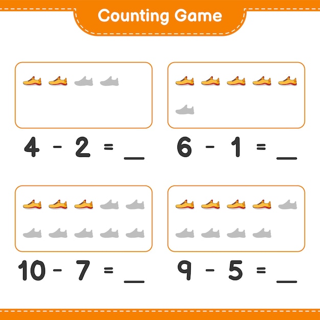 Подсчитайте и сопоставьте, подсчитайте количество кроссовок и сопоставьте с правильными числами образовательная детская игра для печати векторная иллюстрация листа
