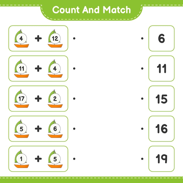 Подсчитайте и сравните, подсчитайте количество парусников и сравните их с правильными числами. развивающая детская игра, лист для печати, векторные иллюстрации