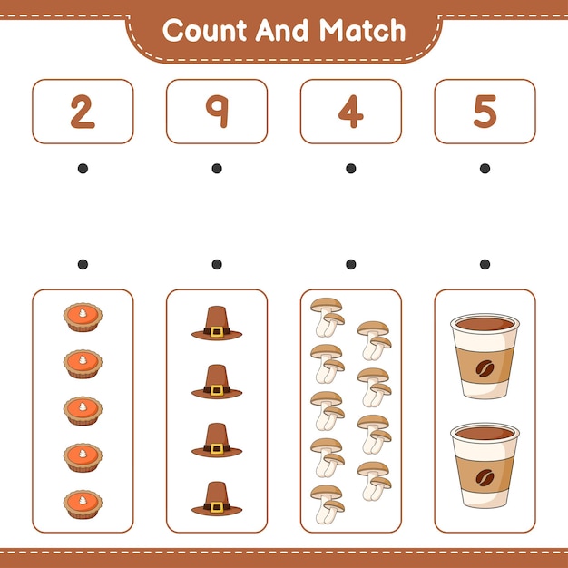 数えて、椎茸、帽子、パイ、コーヒーカップの数を数えて、正しい数と一致させます。教育的な子供たちのゲーム、印刷可能なワークシート、ベクトル図
