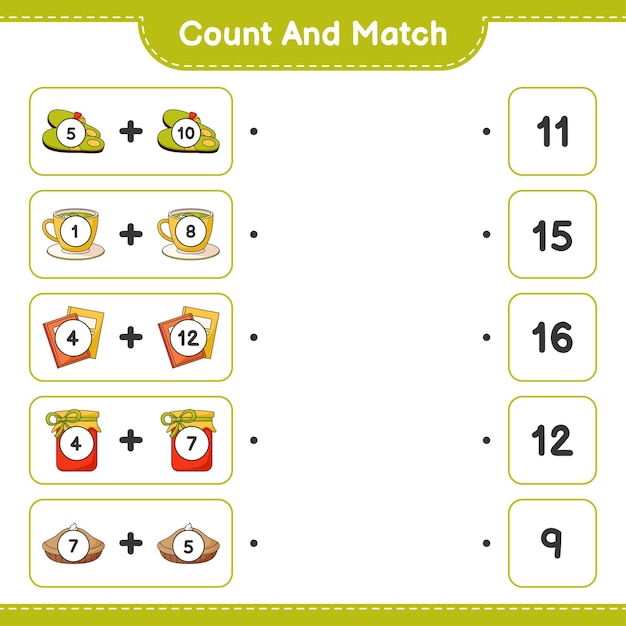 Подсчитайте и сравните, подсчитайте количество тапочек, чайной чашки, книги, джема, пирога и сравните с правильными числами. развивающая детская игра, лист для печати, векторные иллюстрации