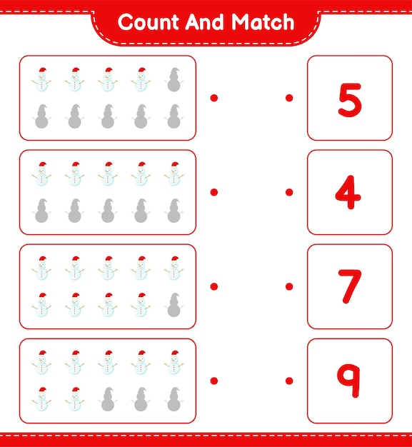 계산하고 일치시키고, 눈사람의 수를 계산하고, 올바른 숫자와 일치시킵니다. 교육용 어린이 게임