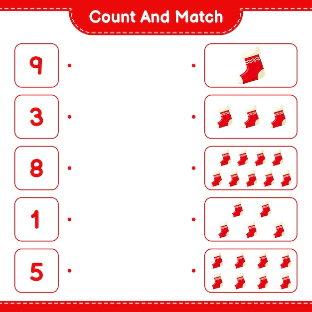 Подсчитайте и сопоставьте, подсчитайте количество носков и сопоставьте правильные числа. развивающая детская игра