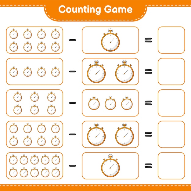 Подсчитайте и сопоставьте, подсчитайте количество секундомеров и сопоставьте с правильными числами образовательная детская игра для печати векторная иллюстрация листа