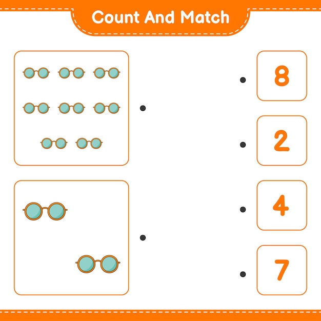 Подсчитайте и сравните, подсчитайте количество солнцезащитных очков и сравните с правильными числами. развивающая детская игра, лист для печати, векторные иллюстрации