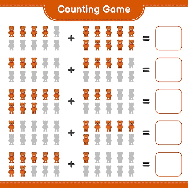 数えて一致させ、テディベアの数を数え、正しい数と一致させます。教育的な子供たちのゲーム、印刷可能なワークシート、ベクトル図
