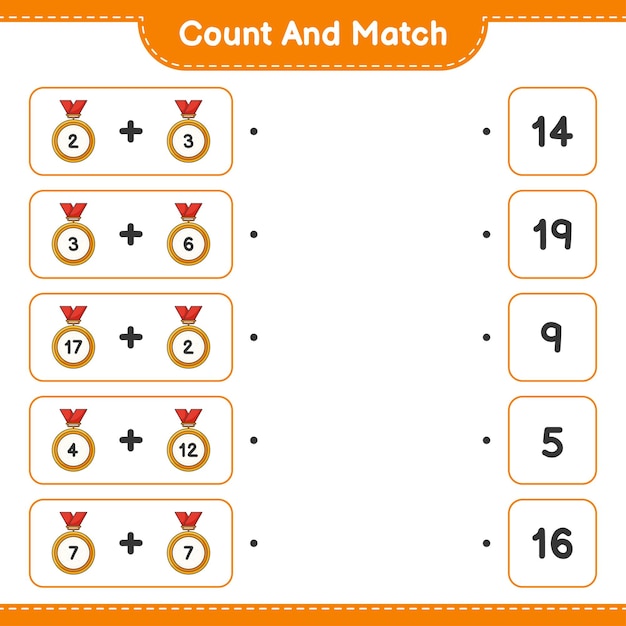 カウントして一致するトロフィーの数を数え、正しい数と一致する教育的な子供たちのゲームの印刷可能なワークシートのベクトル図