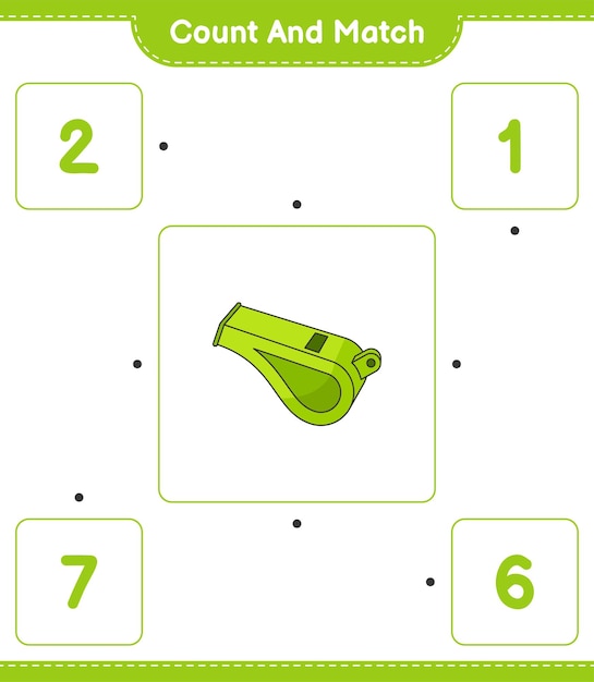 Подсчитайте и сопоставьте количество свистков и сопоставьте с правильными числами образовательная детская игра для печати векторная иллюстрация листа