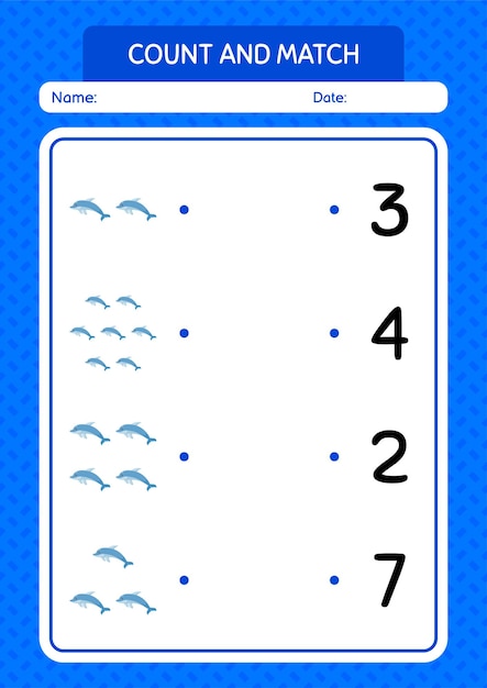 미취학 아동 아동 활동 시트를 위한 돌고래 워크시트로 게임을 계산하고 일치시킵니다.
