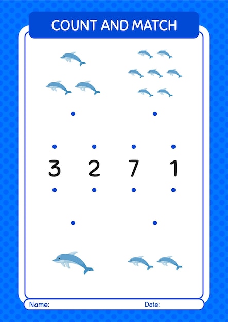 벡터 미취학 아동 아동 활동 시트를 위한 돌고래 워크시트로 게임을 계산하고 일치시킵니다.
